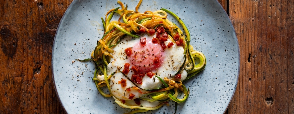 Egg,Baked,In,Courgette,Nest,With,Crispy,Chorizo